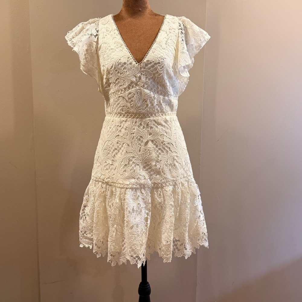 ML Monique Lhuillier Lace Dress Women 4 Ivory V-Neck Flutter Fit & Flare Bridal
